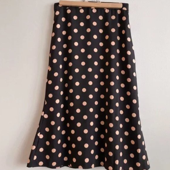 Black Cream Polka Dots Midi A-Line Skirt - Picture 2 of 6